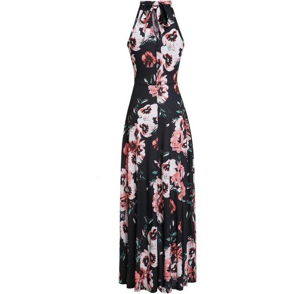 🆕Women  Orange Polyester Floral Halter Neck Maxi Dress Wedding Beach Party 2025 - Picture 3 of 6
